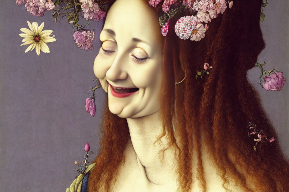 Surreal portrait of a smiling person with elongated features and flower halo