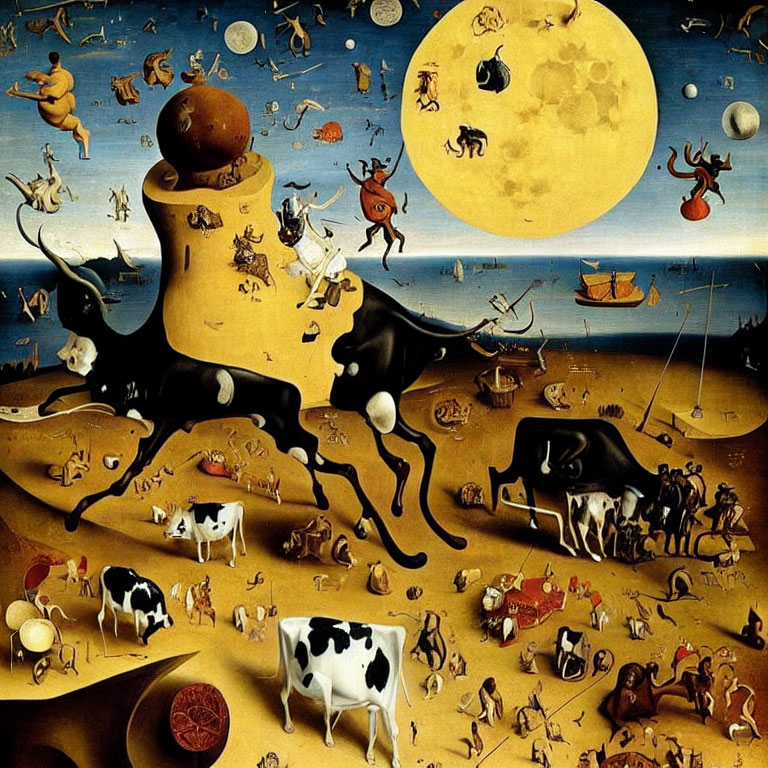 Surreal painting: Anthropomorphic cows and celestial creatures in golden sky