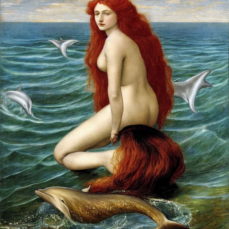 Red-haired mermaid on rock in ocean with dolphins.