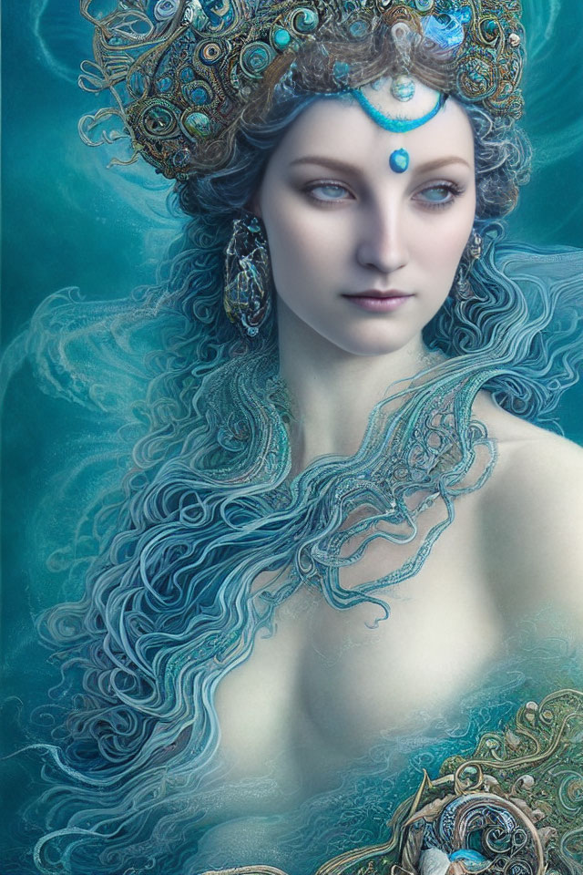 Fantastical portrait of woman with swirling blue hair and ornate headdress