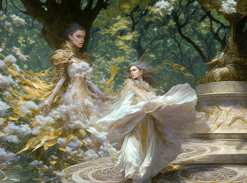 Ethereal figures in golden attire in lush forest with intricate patterns