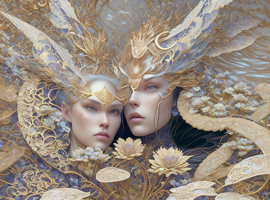 Two individuals in ornate gold and blue headpieces with feathers and floral designs, merging faces, ex