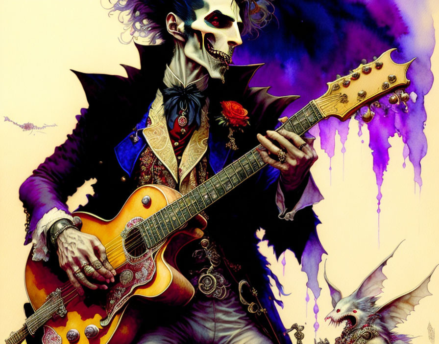 Gothic skeletal figure playing electric guitar in purple with vibrant colors and bats