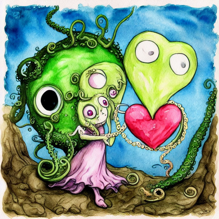 Colorful Cartoon Illustration: Green Octopus Creature, Smaller Companion, and Heart with Expressive