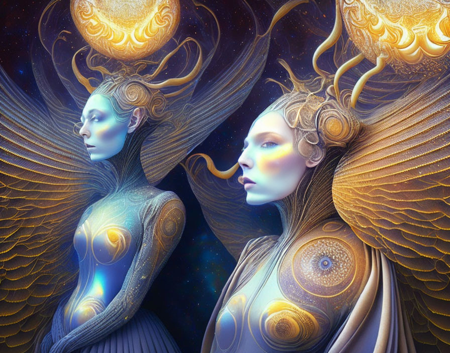 Golden headpiece and winged figures in mystical starry scene