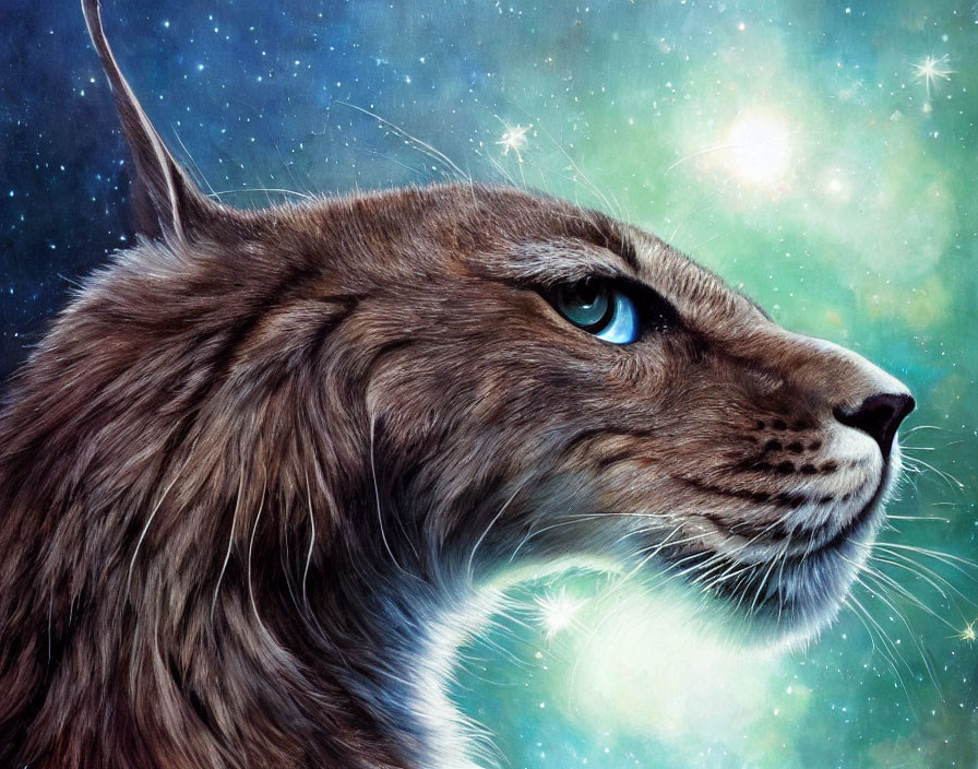 Majestic lynx with blue eyes in cosmic setting