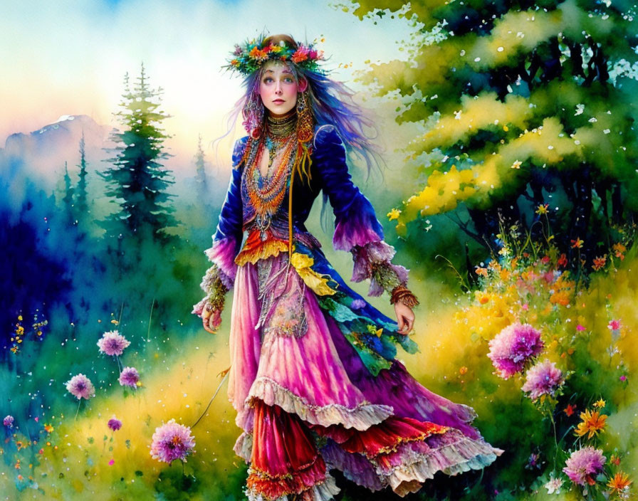 Vibrant painting of woman in floral dress in flower-filled meadow