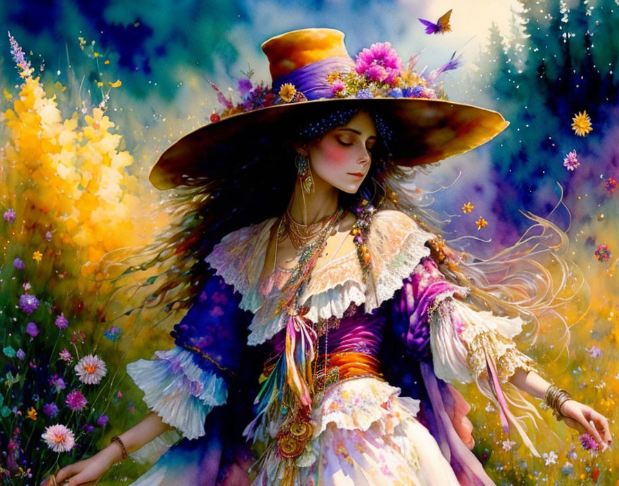 Colorful Bohemian Dress Woman with Wide-Brimmed Hat and Flowers