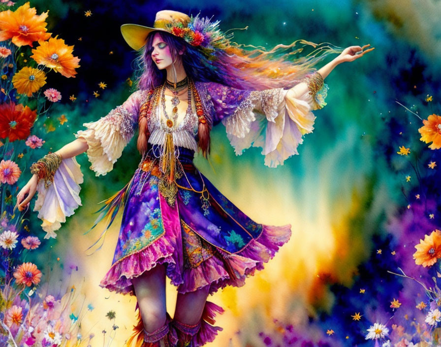 Woman in colorful bohemian attire dancing among vibrant flowers