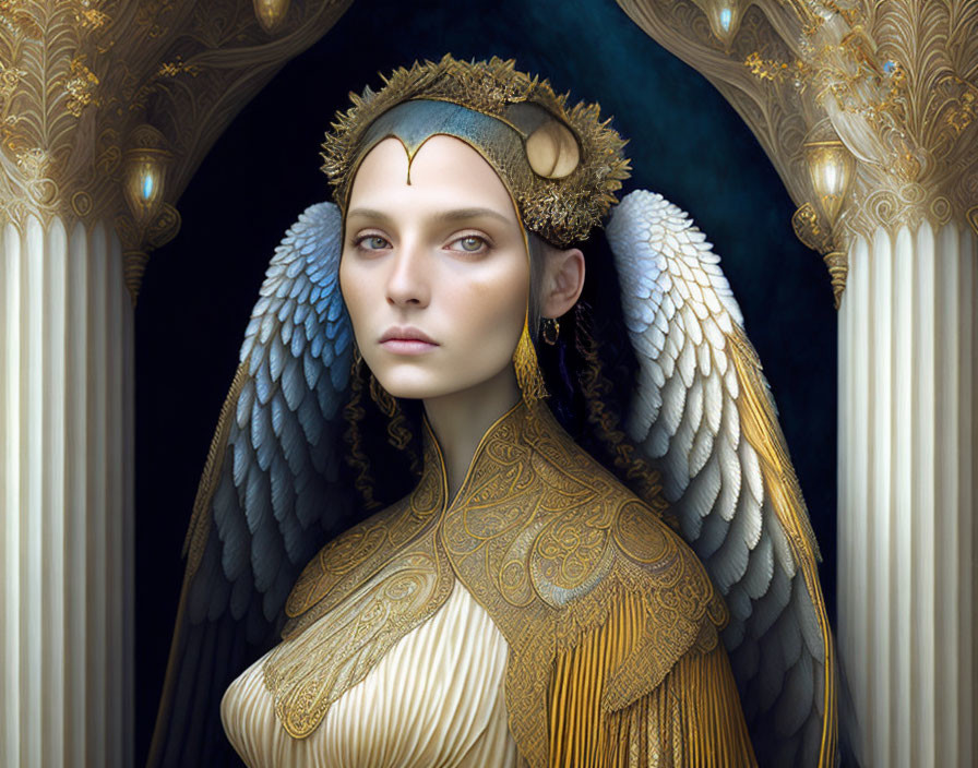 Digital artwork of person with angelic wings, golden headdress, and ornate garment against architectural backdrop