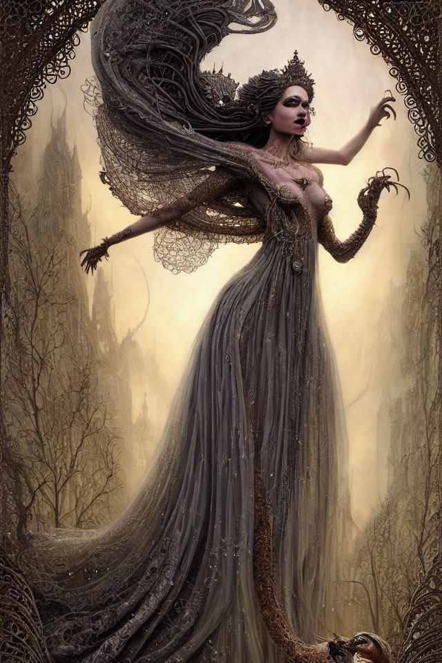 Ethereal queen with dark wings and crown in mystical forest setting