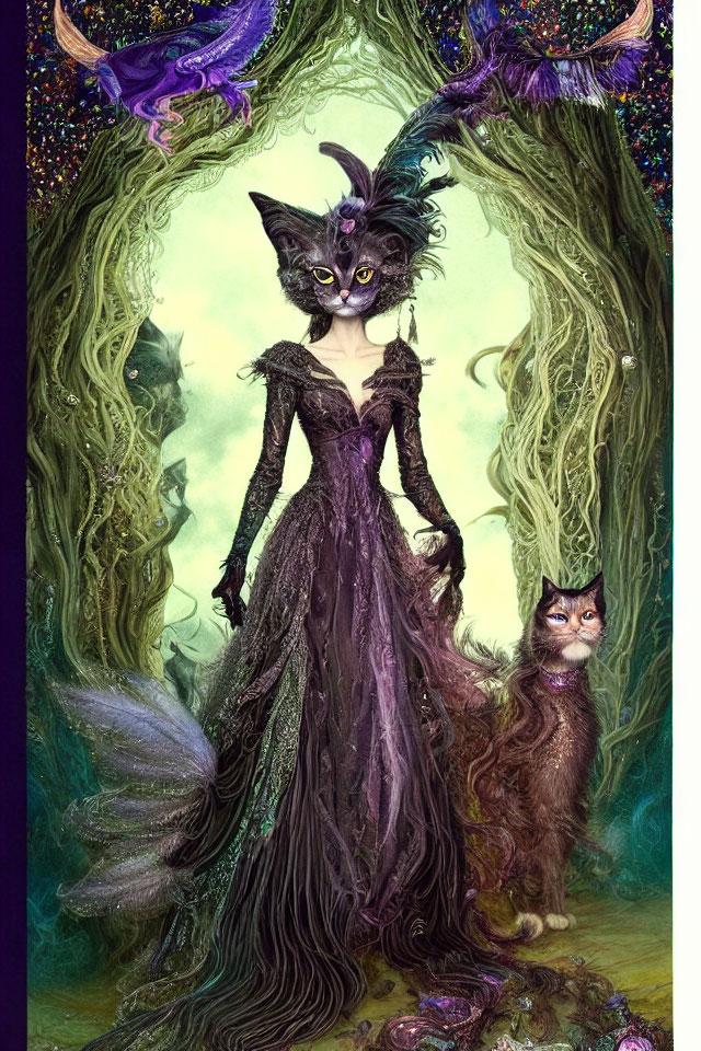 Illustration of anthropomorphic cat woman in purple dress with realistic cat in magical forest setting