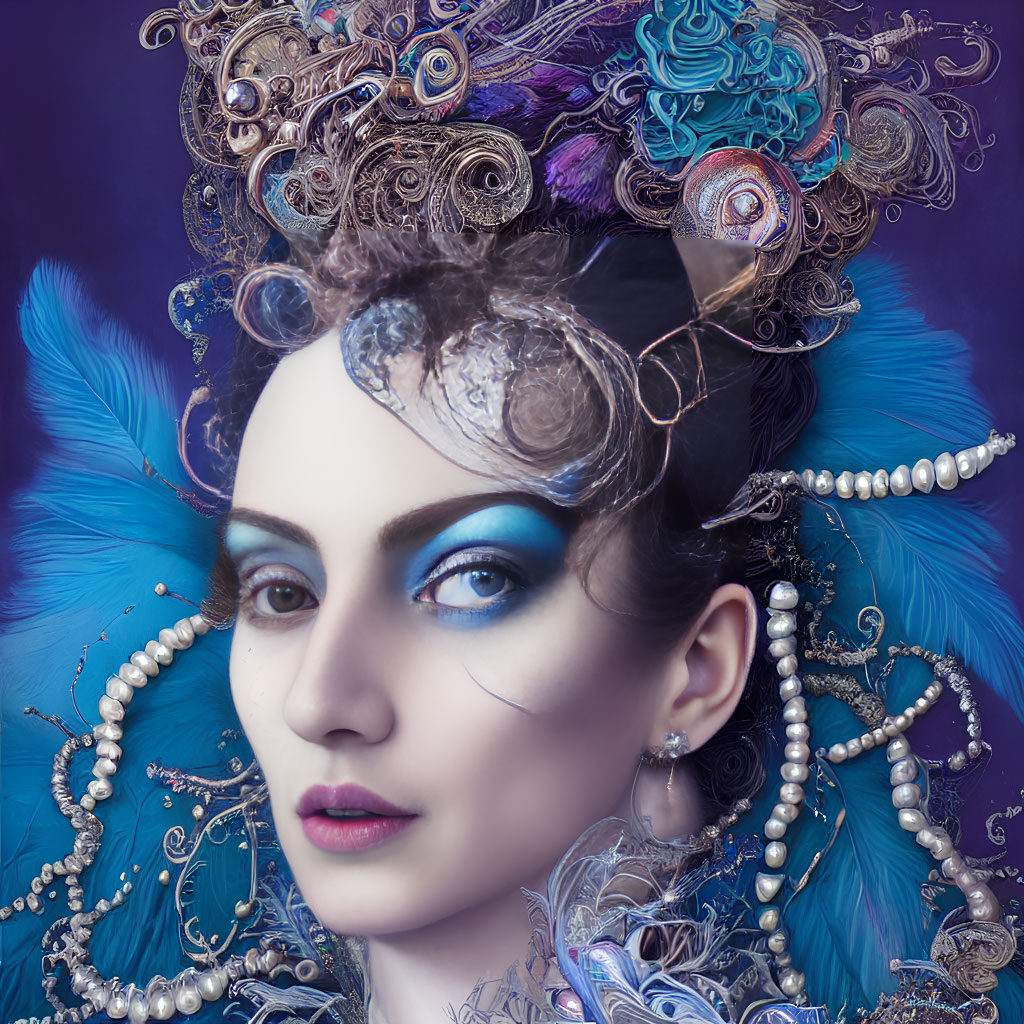 Striking Blue Makeup & Elaborate Peacock Feather Headpiece