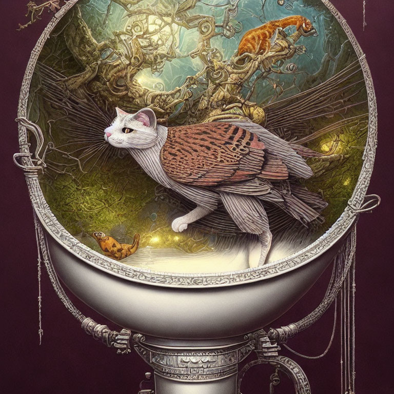 Whimsical white cat with bird-like wings on ornate mirror reflecting fantastical forest