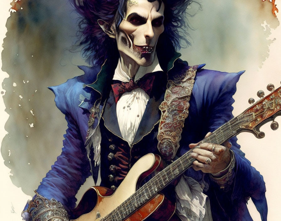 Vampire-like character with sharp teeth holding a guitar in blue coat and ruffled shirt on dark background