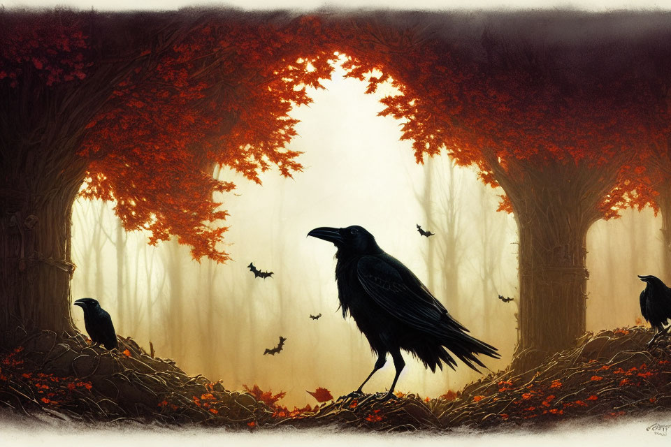 Misty forest art with autumn trees and ravens, evoking mystical mood