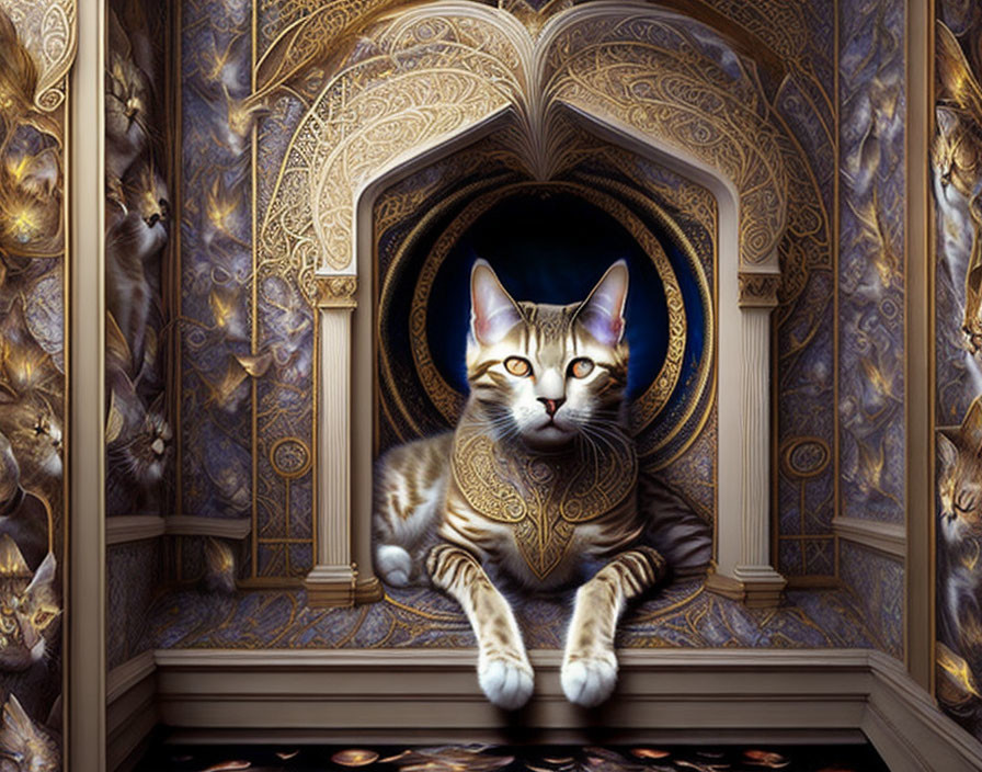 Regal cat with golden patterns in luxurious throne room