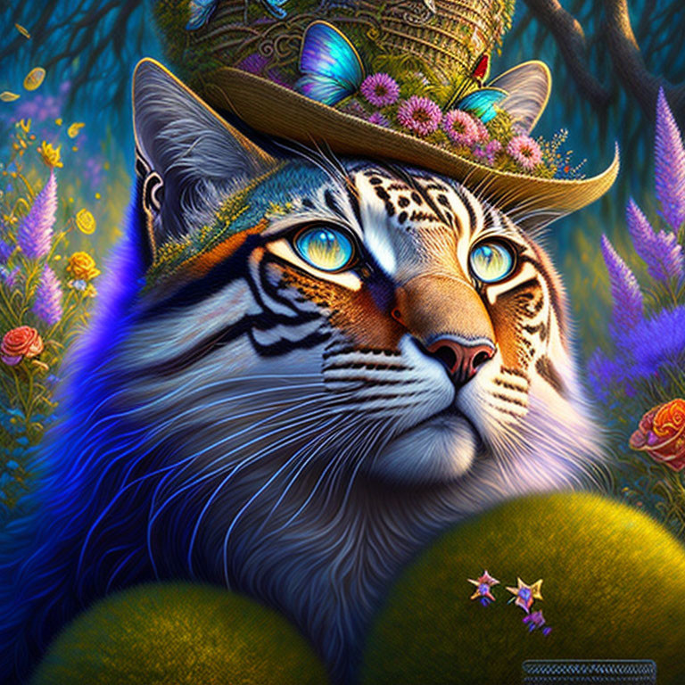 Colorful Tiger Artwork with Blue Eyes and Floral Hat in Lush Setting