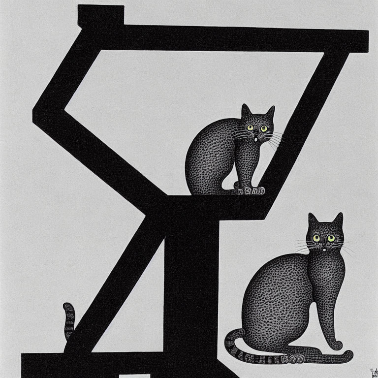 Stylized dotted cats with green eyes in optical illusion artwork