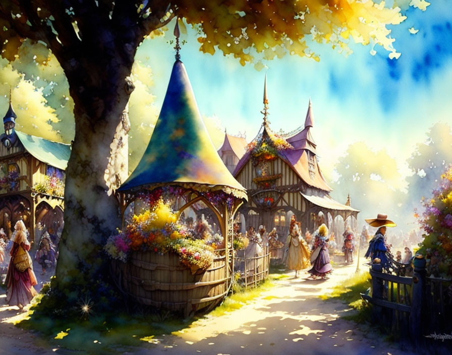 Colorful period clothing and quaint village scene with flower arrangements and spires.