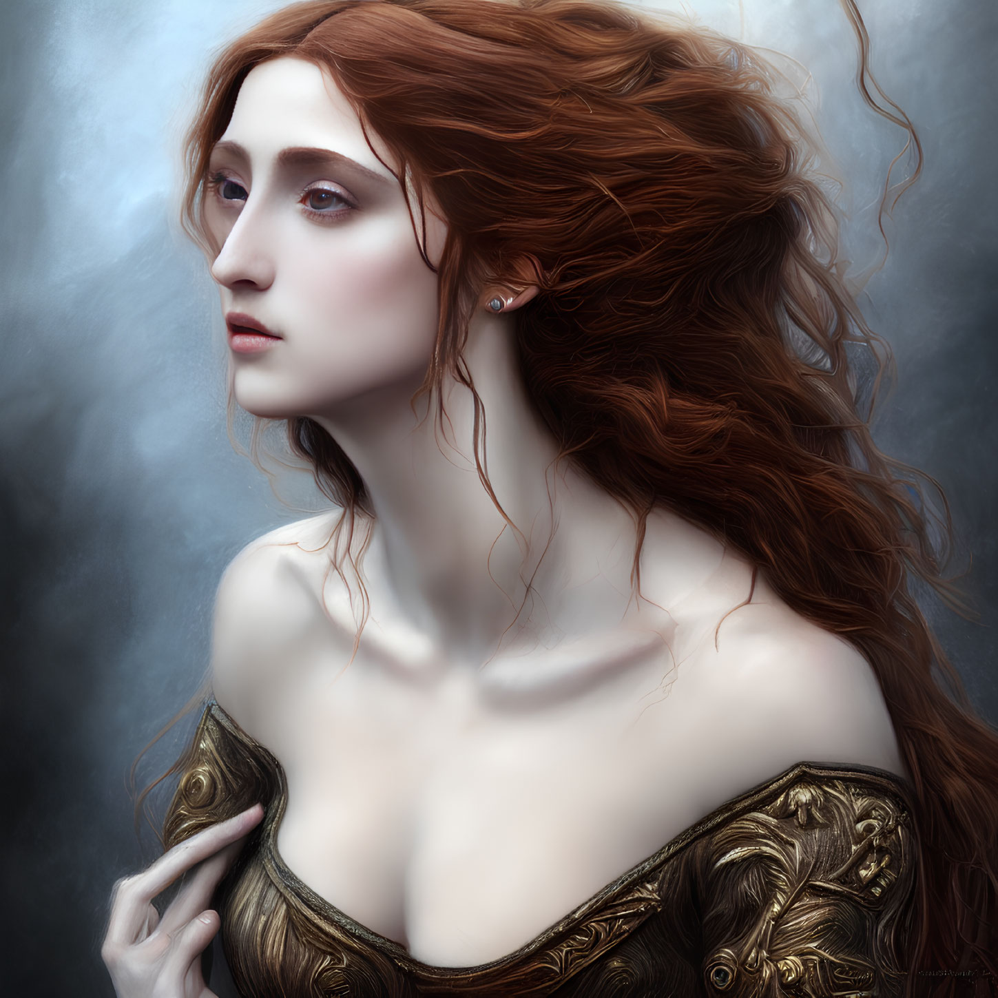 Detailed illustration of woman with red hair and gold-trimmed dress in misty setting