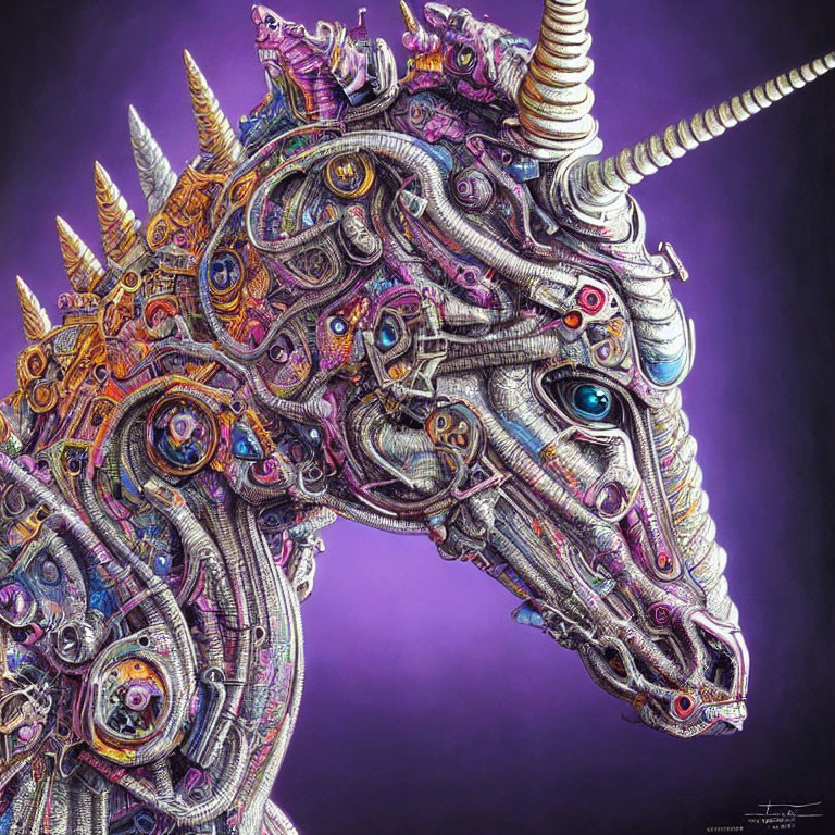 Detailed Mechanical Unicorn Head in Purple, Silver, & Colorful Accents