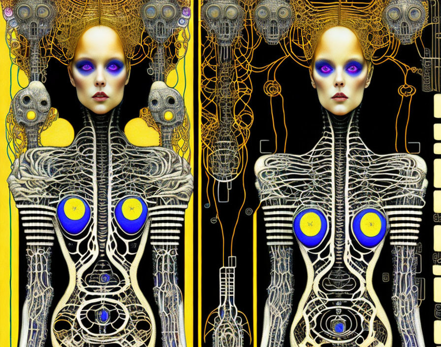 Symmetrical futuristic female figure with golden patterns on yellow and black background