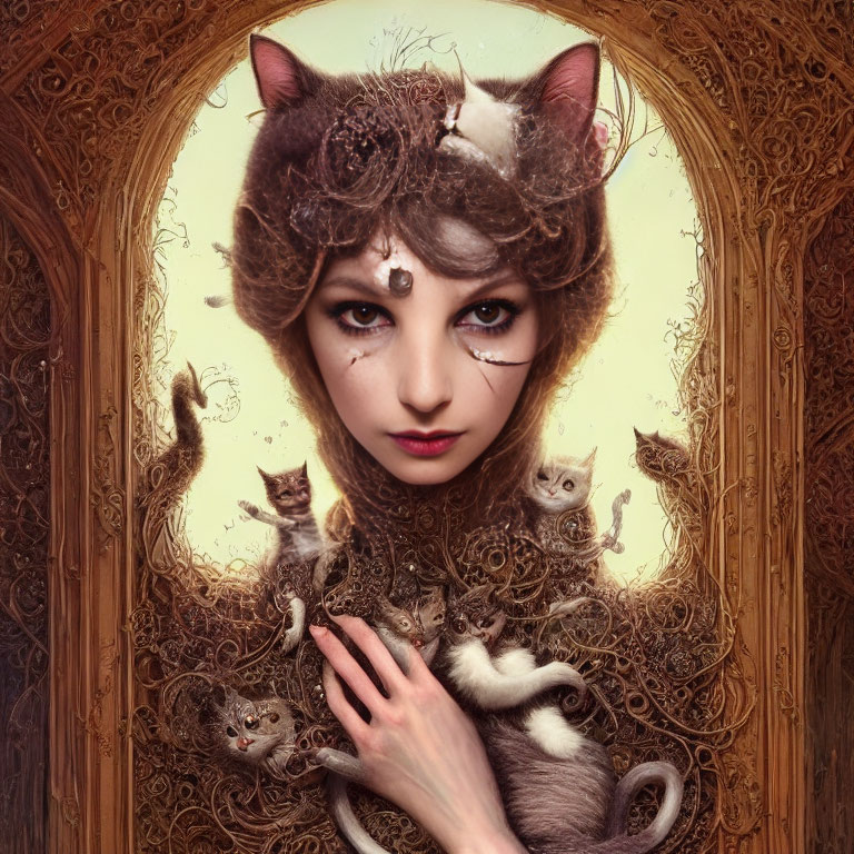 Surreal portrait: Woman with cat head, playful kittens in decorative oval frame