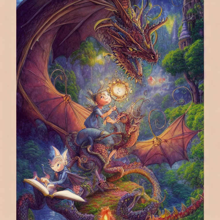 Illustration of boy with glowing orb, dragon, and creatures in enchanted forest.