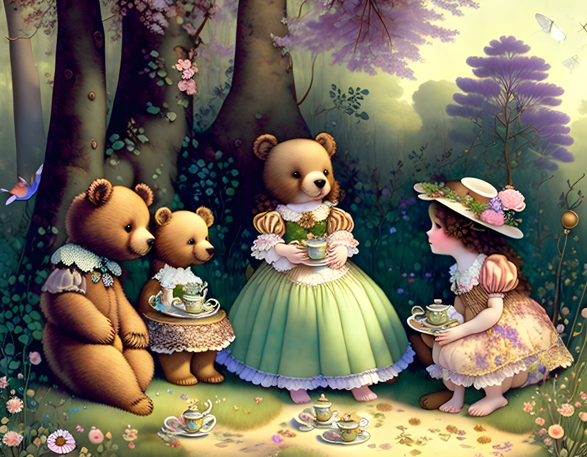 Anthropomorphic bears in Victorian attire tea party with girl in garden.