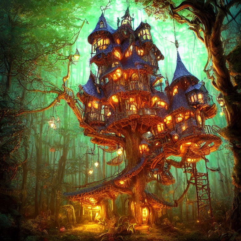 Enchanted multi-story treehouse in magical forest with glowing windows