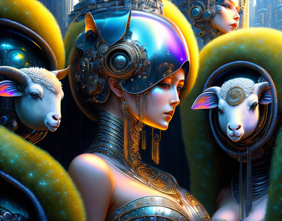 Futuristic woman with cybernetic helmet and glowing halo sheep in neon cityscape