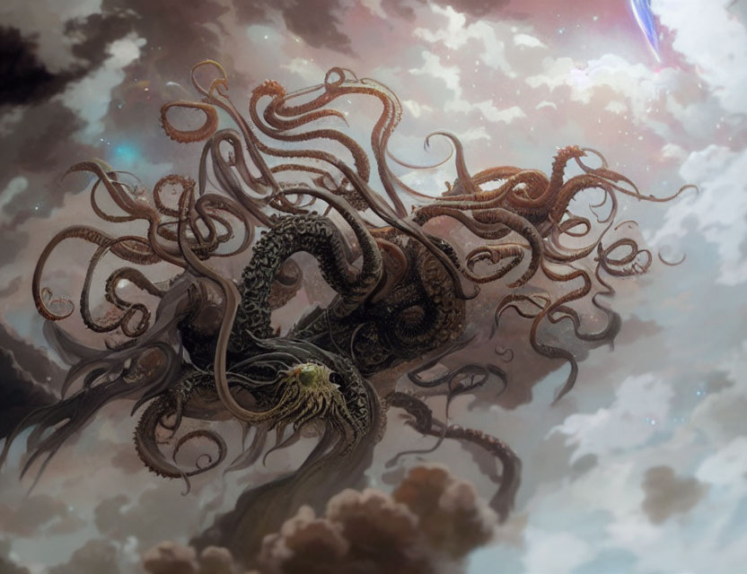 Gigantic tentacled creature in dramatic celestial sky