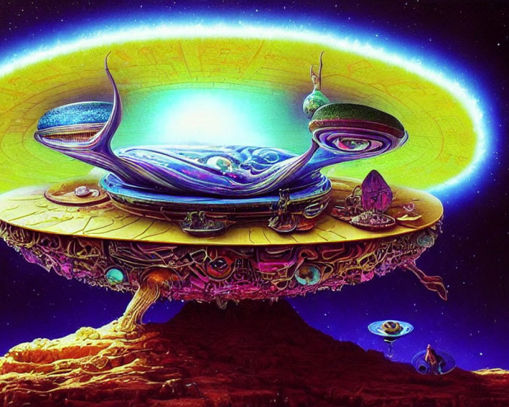 Colorful fantasy landscape with alien flying saucer structure and cosmic backdrop