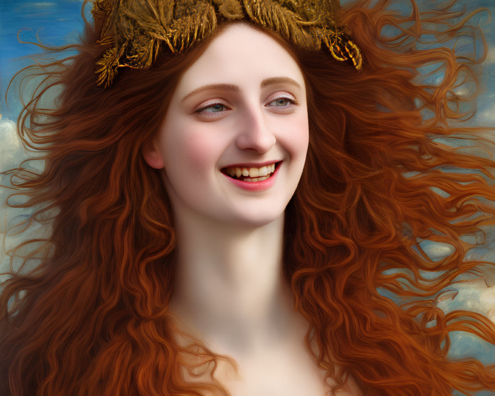 Smiling woman with red hair and golden crown against blue sky