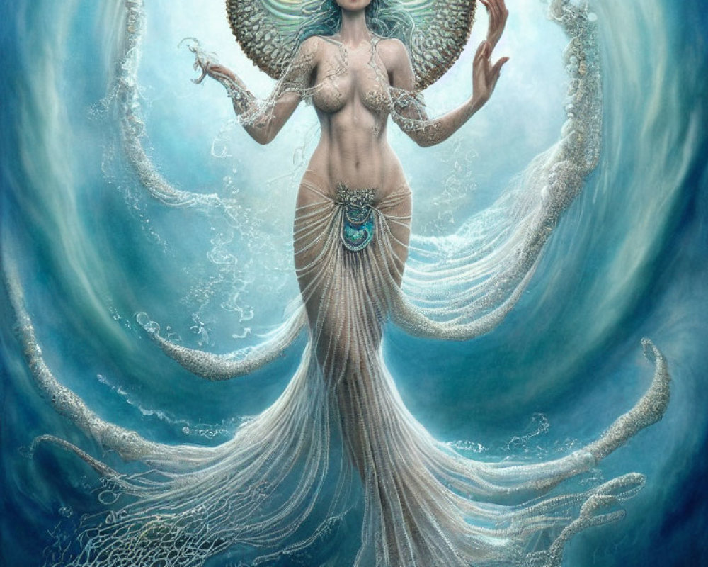 Mystical mermaid with flowing tail in oceanic setting