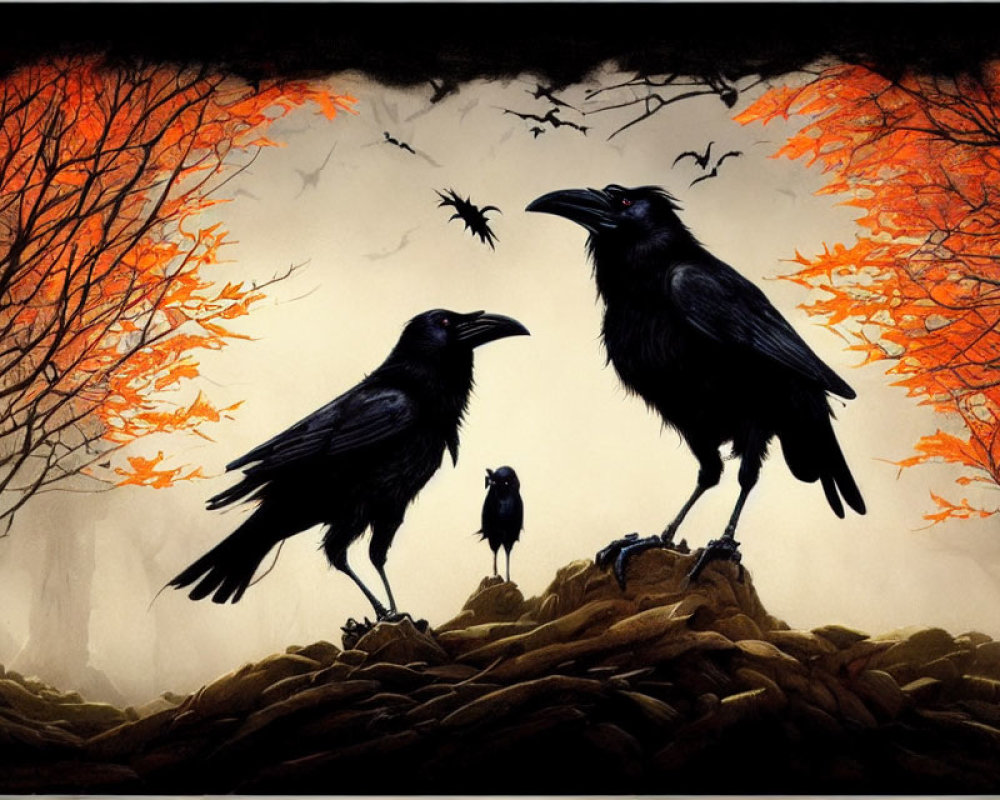 Three ravens on rocks under fiery autumn leaves in misty setting