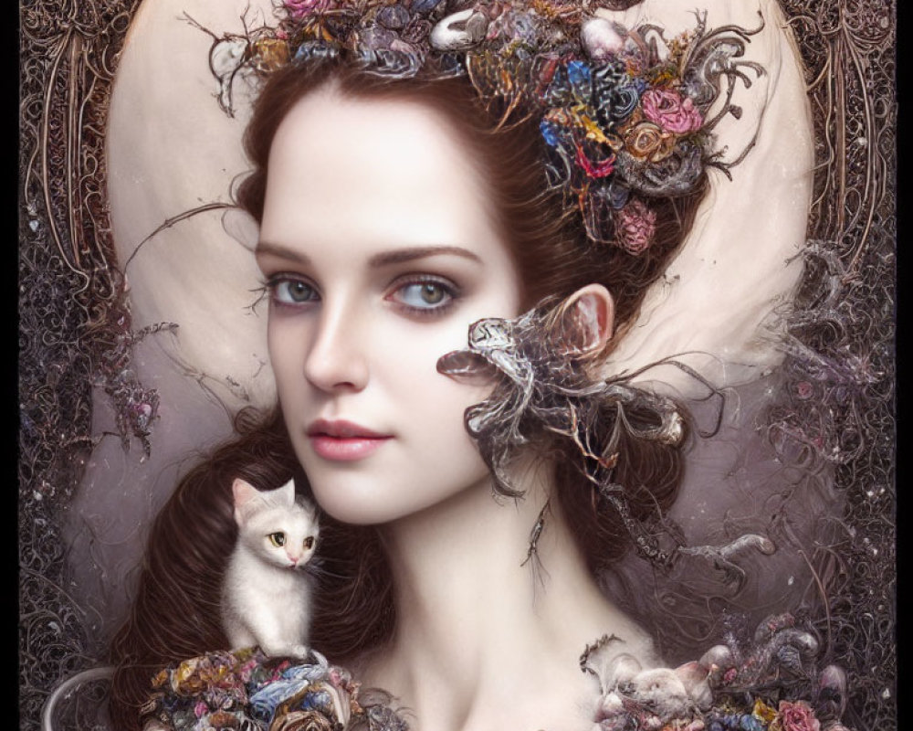 Surreal portrait of woman with flora, fauna, birds, mice, and kittens