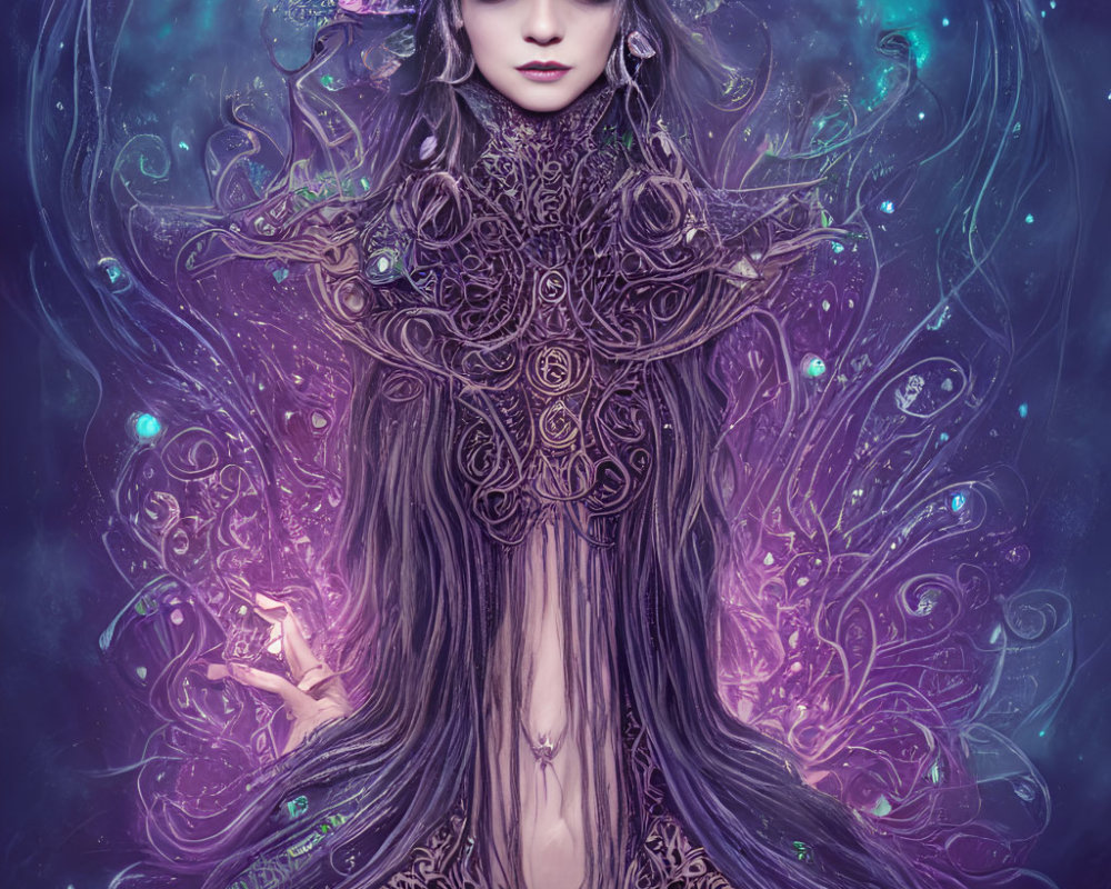 Ethereal female figure in ornate attire against cosmic backdrop