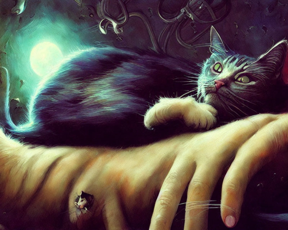 Surreal painting of cat on giant human arm with cosmic background