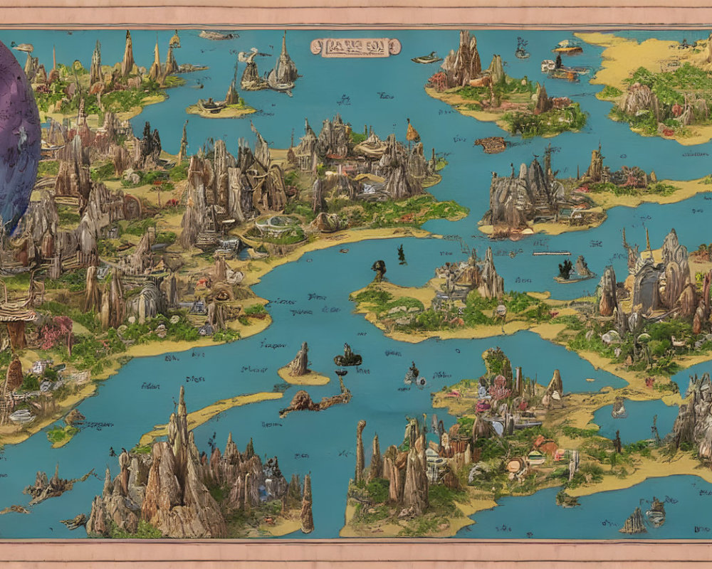 Whimsical Map Illustration of Elaborate Islands