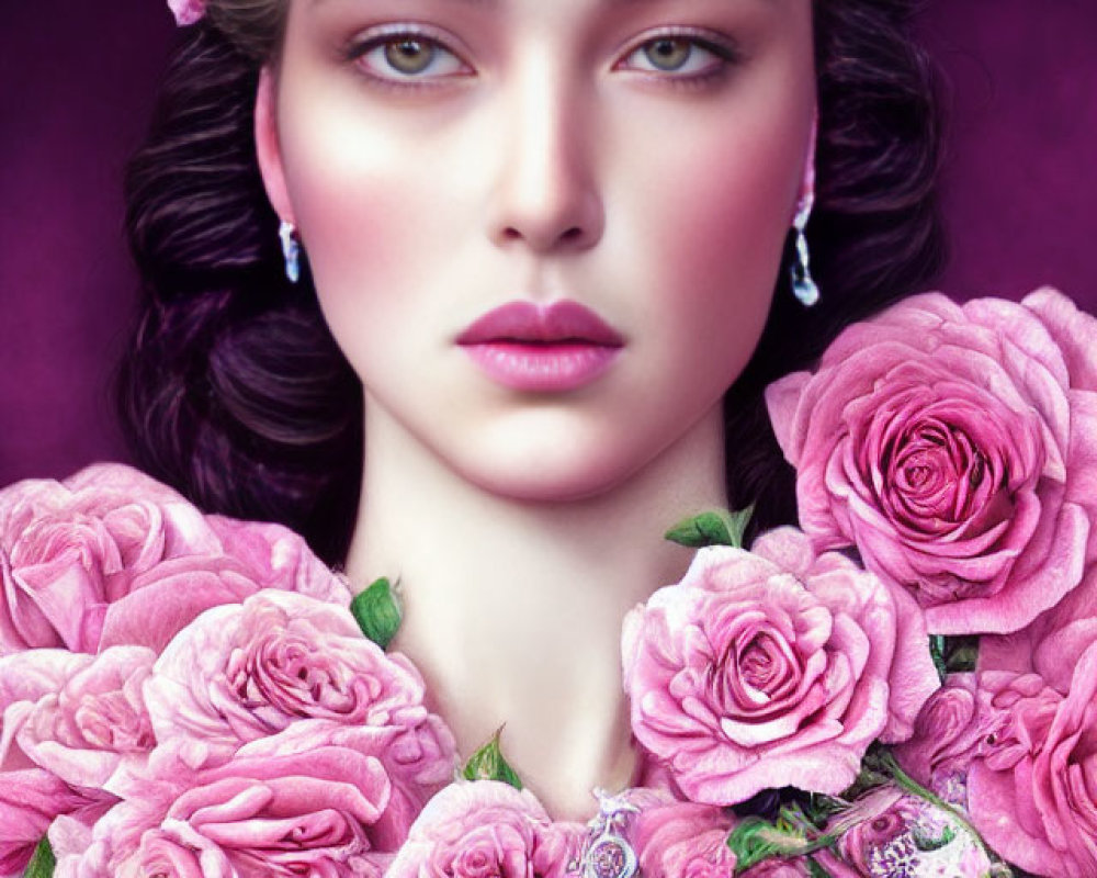 Regal woman with jeweled crown and pink roses on purple background