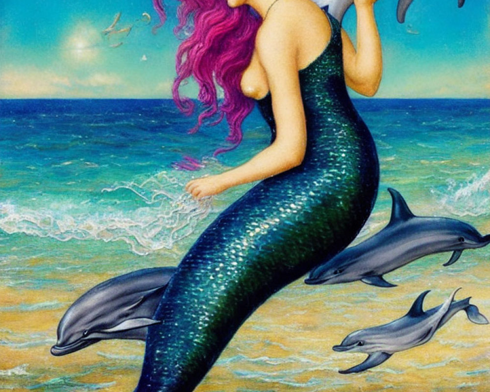 Mermaid with Pink Hair Surrounded by Dolphins and Seagull by the Sea