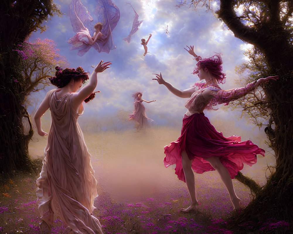 Ethereal figures dancing among blooming flowers in enchanted forest