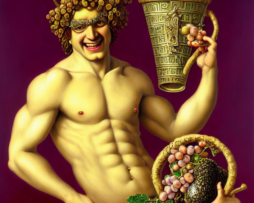 Muscular man with grapevines, golden goblet, and grapes on purple background