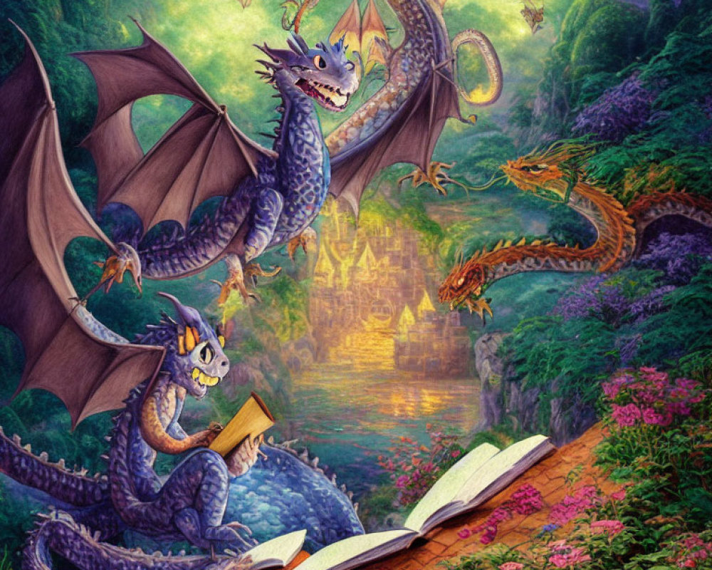 Illustration of two dragons in magical forest with castle