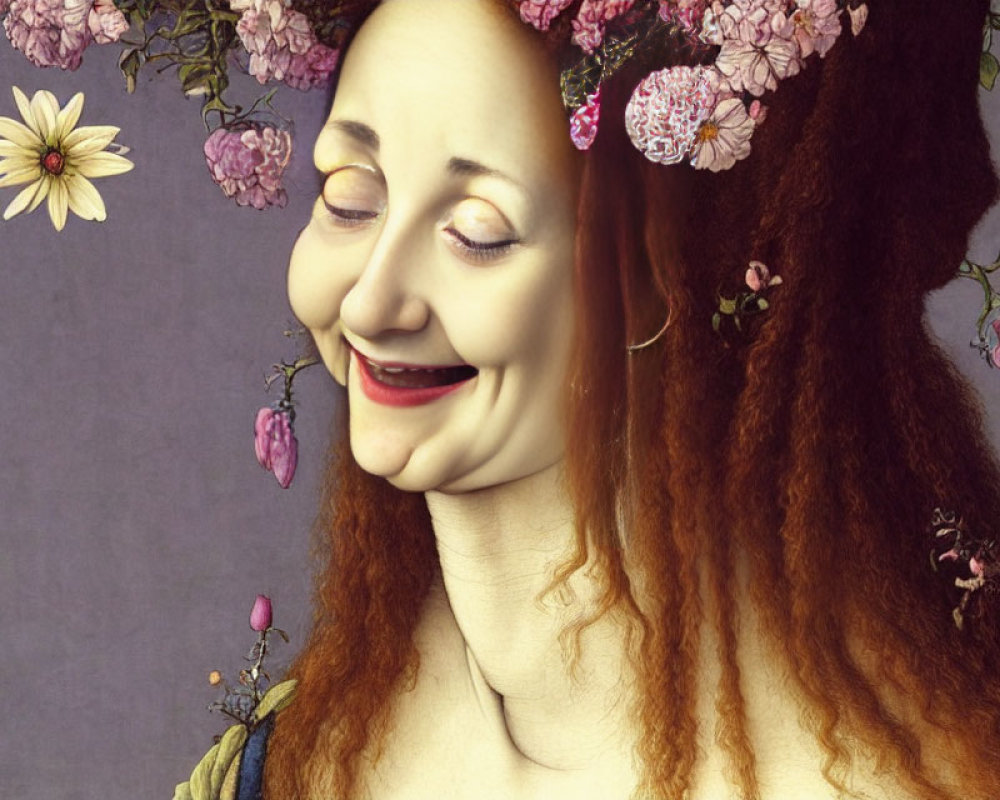 Surreal portrait of a smiling person with elongated features and flower halo