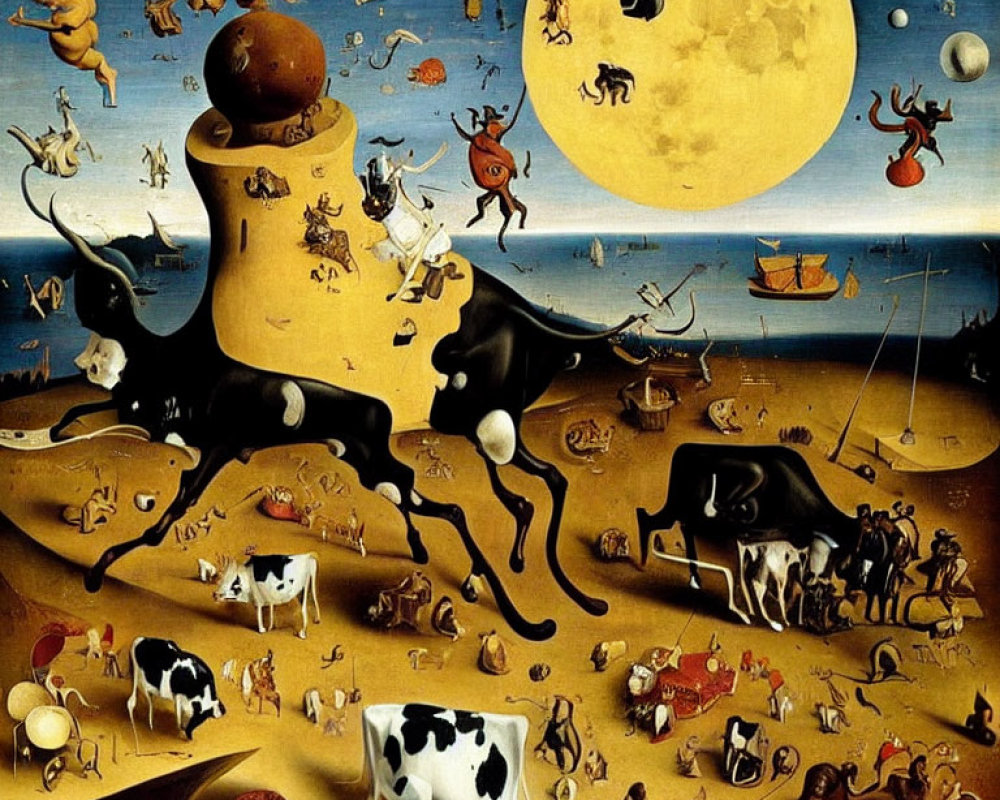 Surreal painting: Anthropomorphic cows and celestial creatures in golden sky