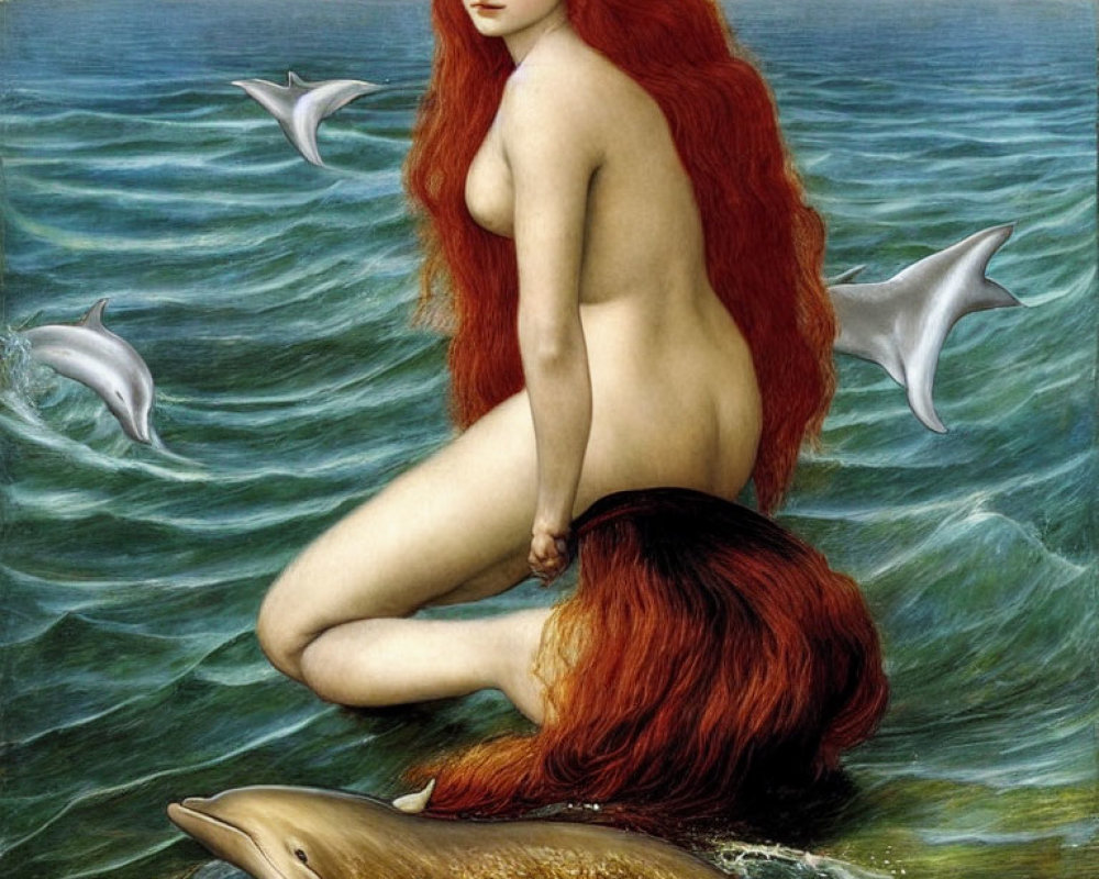 Red-haired mermaid on rock in ocean with dolphins.