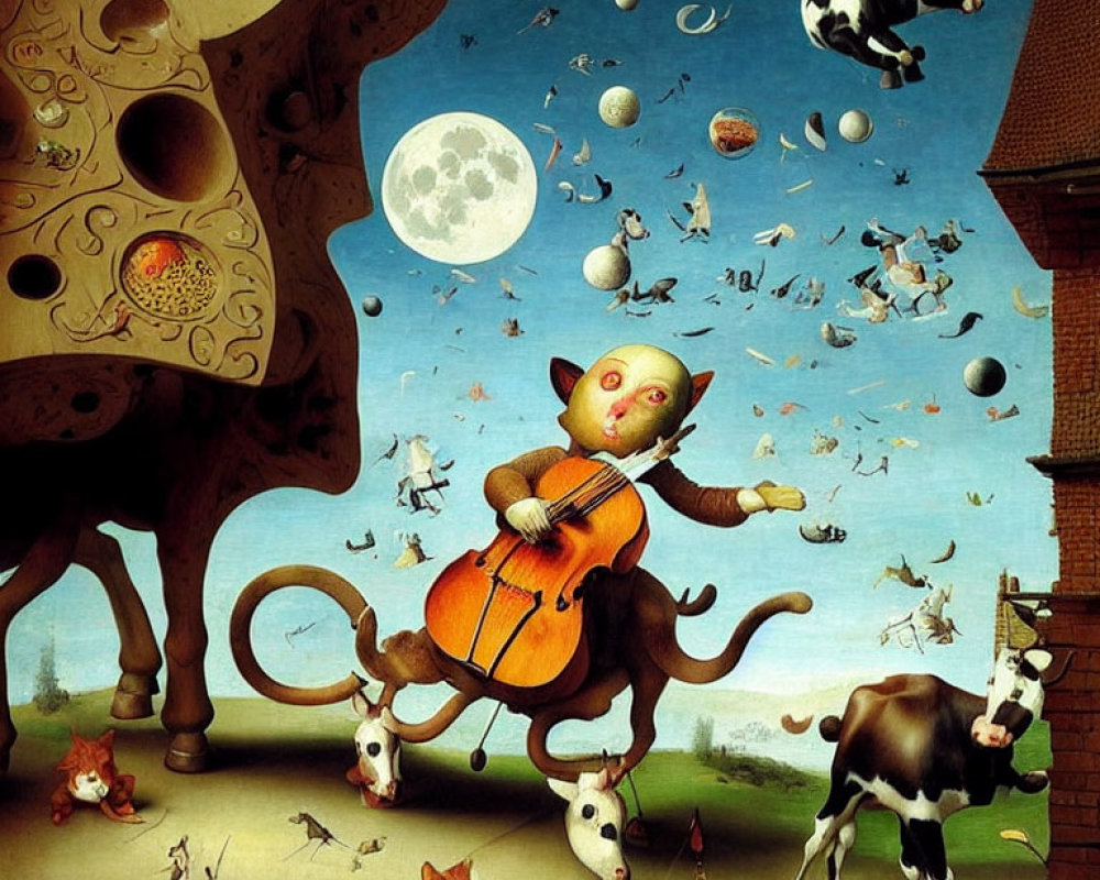 Whimsical painting of humanoid cat playing cello with floating cows